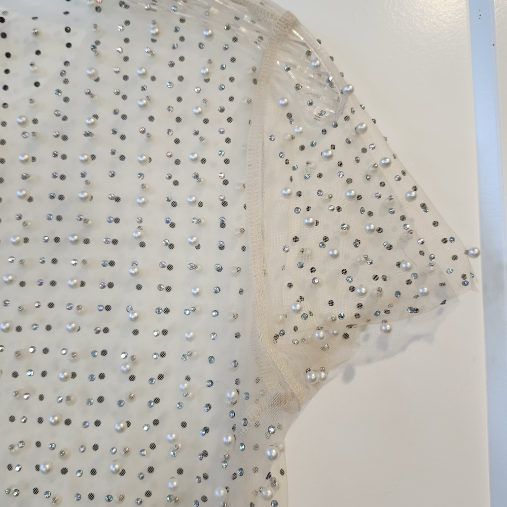 Pearl-Embellished Sheer Blouse in Ivory